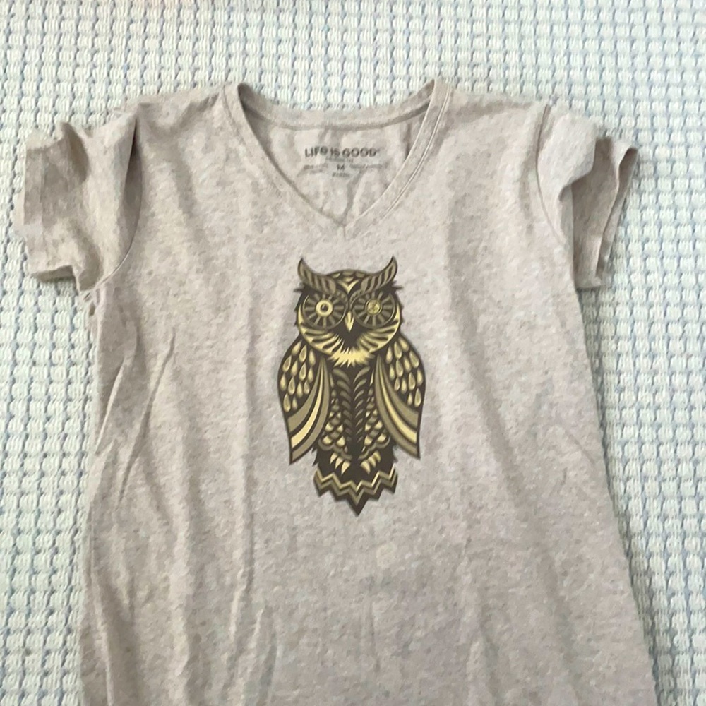 Brown Life Is Good v-neck shirt with owl